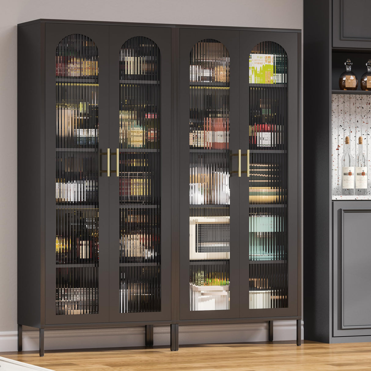 CBNTKI 71" Kitchen Pantry Cabinet,Tall Storage Cabinet with Glass Doors and LED Light,Glass Display Cabinet Black Cabinet for Dinning Room,Living Room,Kitchen,Entryway CBNTKI