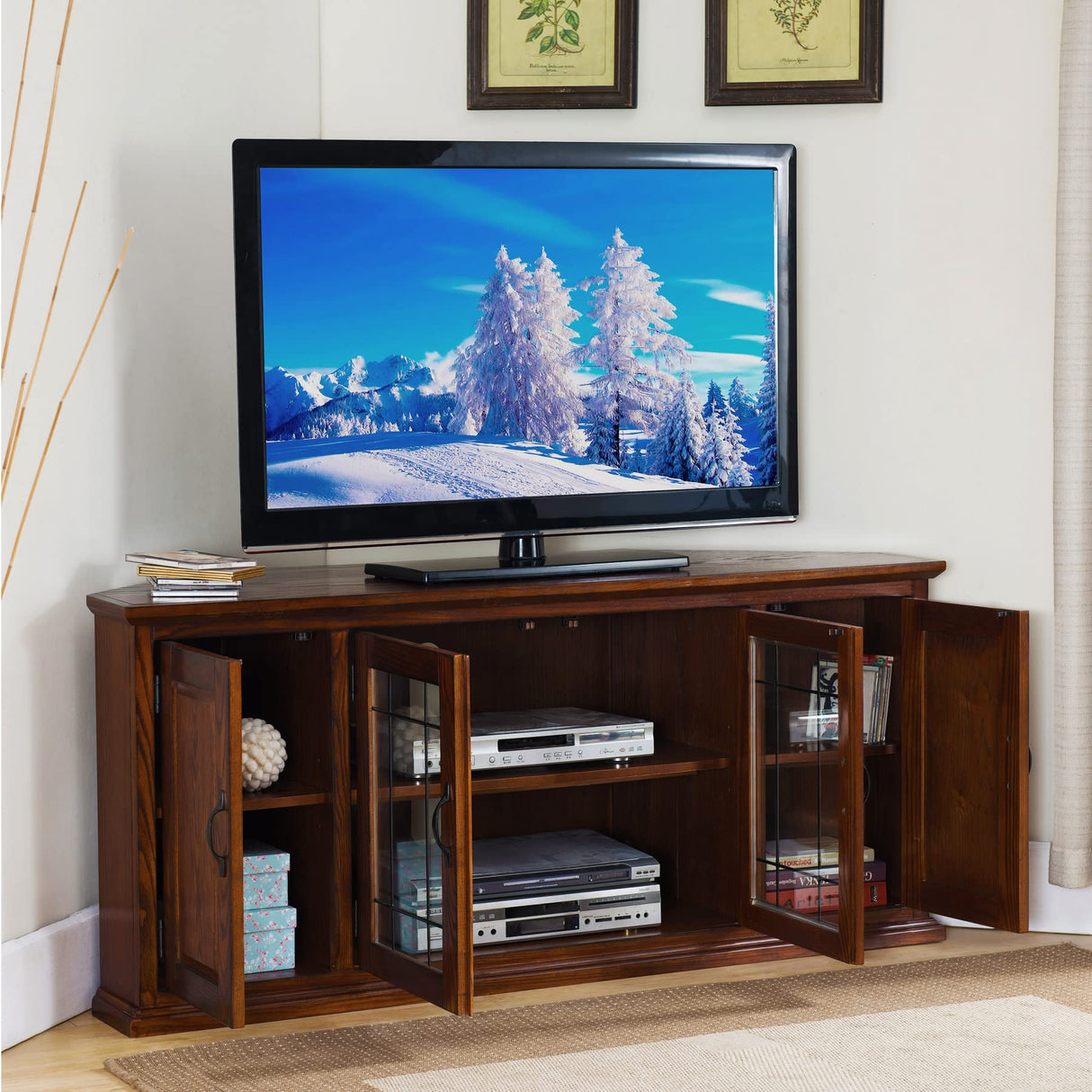 Leick Home 80386 Leaded Glass Corner TV Stand with Enclosed Storage For 60" TV's, Burnished Oak Leick Home