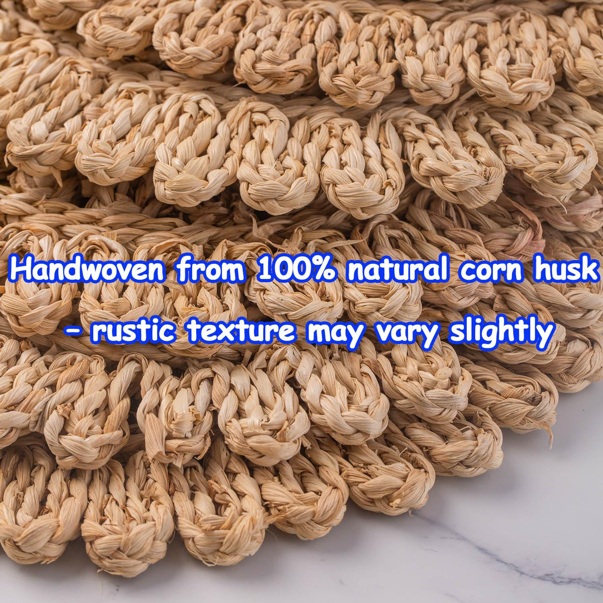 DELAQIKO 13.8" Round Corn Husk Placemats | Boho Woven Rattan Table Mats | Natural Spring Farmhouse Plate Chargers | Handmade Rustic Wicker Place Mats for Christmas Wedding (Set of 4) DELAQIKO