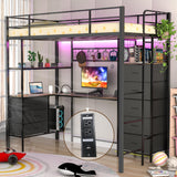 SAHISTCT Twin Size Loft Bed with Desk, LED Lights, Charging Station, Industrial Loft Bed Frame with 3 Storage Shelves and 8 Fabric Drawers, Safety Guard & Ladder,LED Metal Twin Size Bunk Bed SAHISTCT