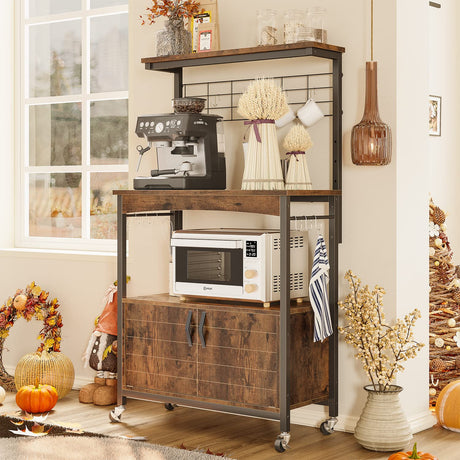 Bestier Bakers Racks with Storage Cabinet, Height-Adjustable 45" to 55" Microwave Stand for Kitchen with Wheels & Feet, Industrial Rolling Coffee Bar Shelf with 10 S-Hooks Rustic Brown Bestier