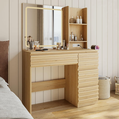 Fluted Vanity Desk with HD Mirror and Lights, Wood Makeup Vanity Table with 4 Drawers & Open Shelves, Mid Century Dressing Table Set with Charging Station, 3 Color Lighting Modes for Bedroom, Oak METOTI
