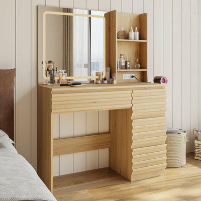 Fluted Vanity Desk with HD Mirror and Lights, Wood Makeup Vanity Table with 4 Drawers & Open Shelves, Mid Century Dressing Table Set with Charging Station, 3 Color Lighting Modes for Bedroom, Oak