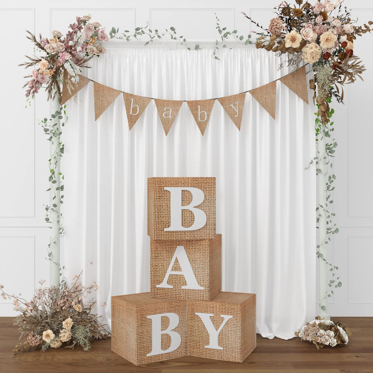 RUBFAC Baby Boxes with Letters for Baby Shower, 4pcs Rustic Farmhouse Style Boho Balloon Boxes with Burlap Grain for Birthday Gender Reveal Decoration Backdrop Photo Props rubfac