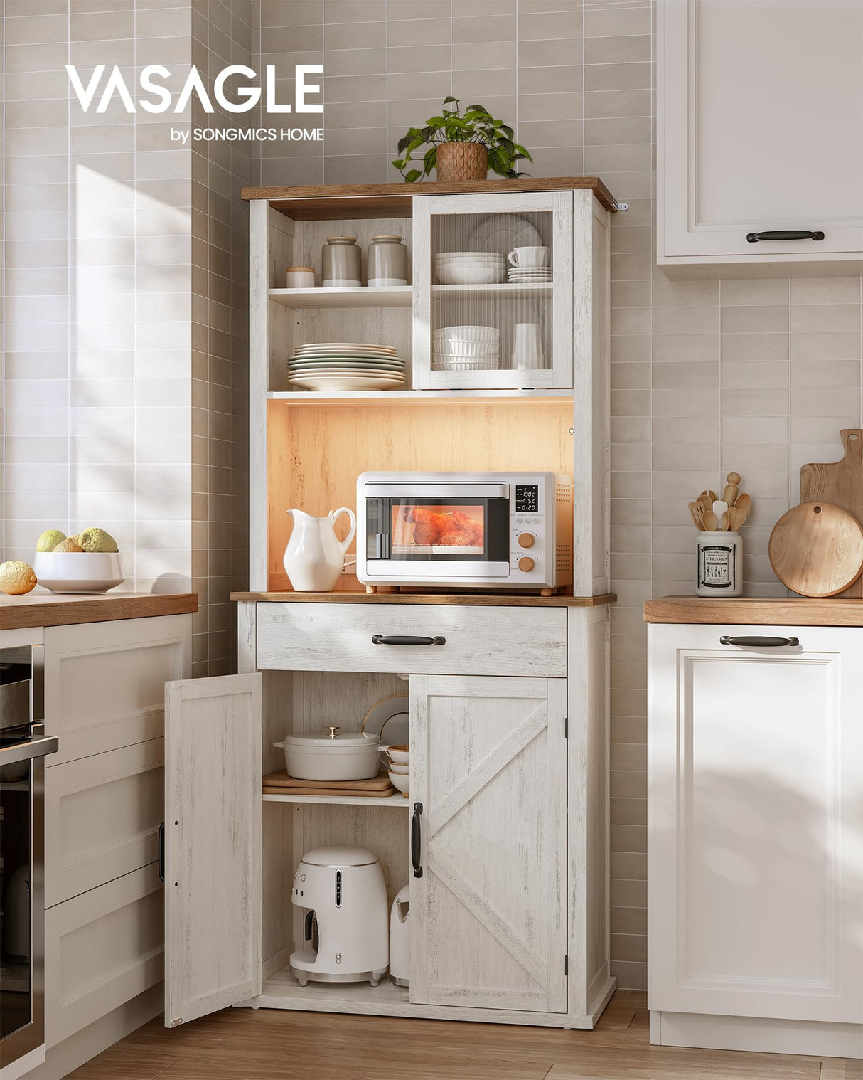 VASAGLE 71" Pantry Cabinet with Lights and Charging Station, Kitchen Pantry Cabinet with Doors and Drawer, Farmhouse Storage Cabinet, Coffee Bar Cabinet, Adjustable Shelves, Rustic White UBBK363W12 VASAGLE