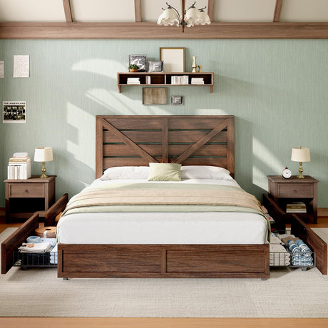 AMERLIFE Full Size Farmhouse Bed Frame with 4 Drawers, Wooden Storage Bed Frame with Headboard and Heavy Duty Metal Slats, Noisy Free, Easy Assemble, Rusric Brown AMERLIFE