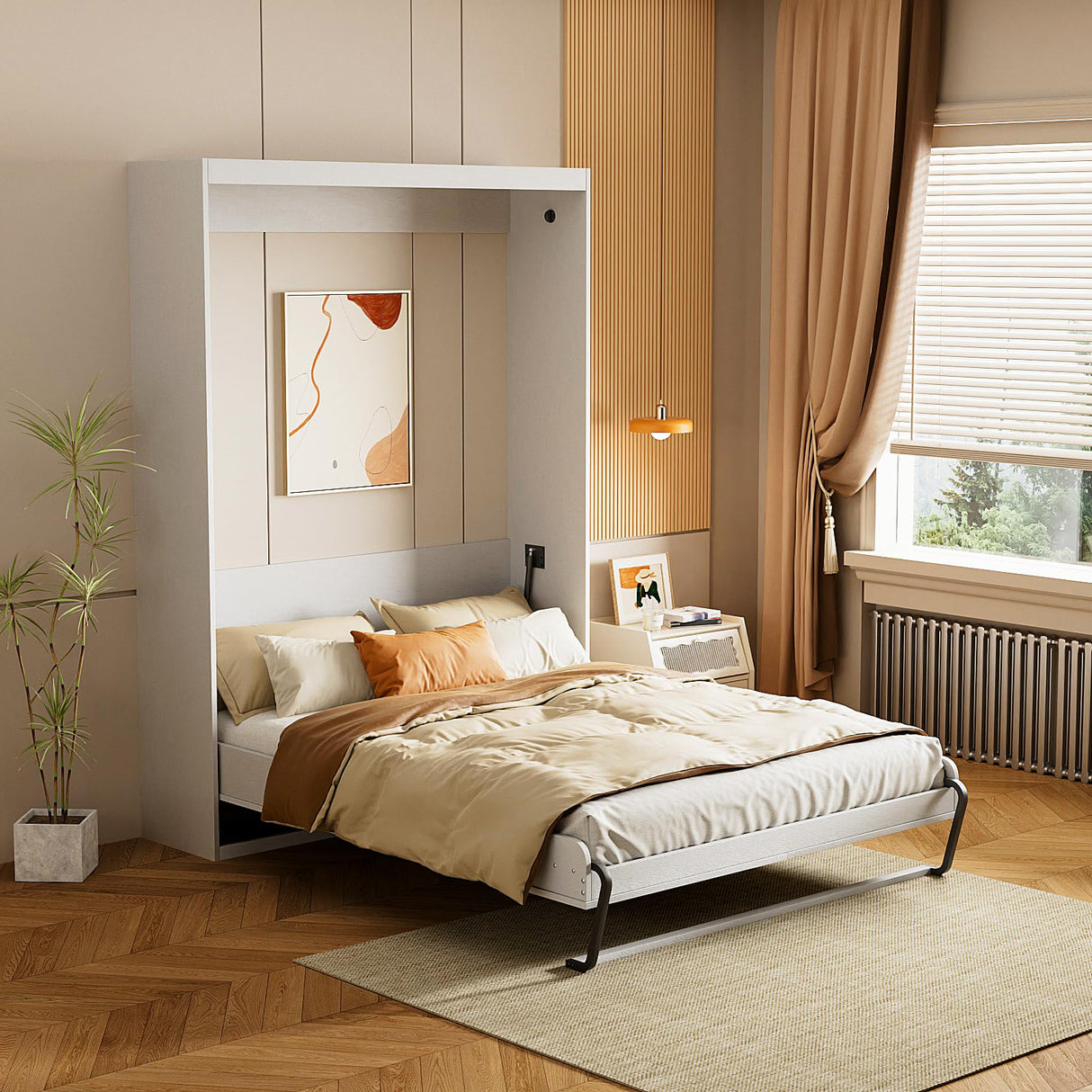 ROOMTEC Space-Saving Full Size Murphy Wall Bed - Modern White Furniture for Bedroom and Home Office ROOMTEC