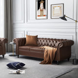 AVZEAR Chesterfield Leather Sofa 3 Seater Couch, Mid-Century Large Sofa Roll Arm Classic Tufted Settee Modern PU Sofa with Channel Tufted Seat Back for Living Room, Office, Apartment, PU Brown AVZEAR