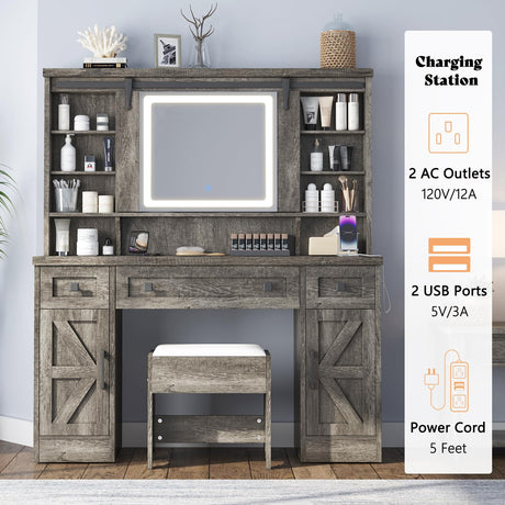 AMERLIFE 47.2" Farmhouse Vanity Desk with Mirror and Lights, Rustic Makeup Vanity Table with Charging Station, Vanity Set with Stool & Storage, LED Sliding Mirror & Glass Top, Dark Oak Finish AMERLIFE
