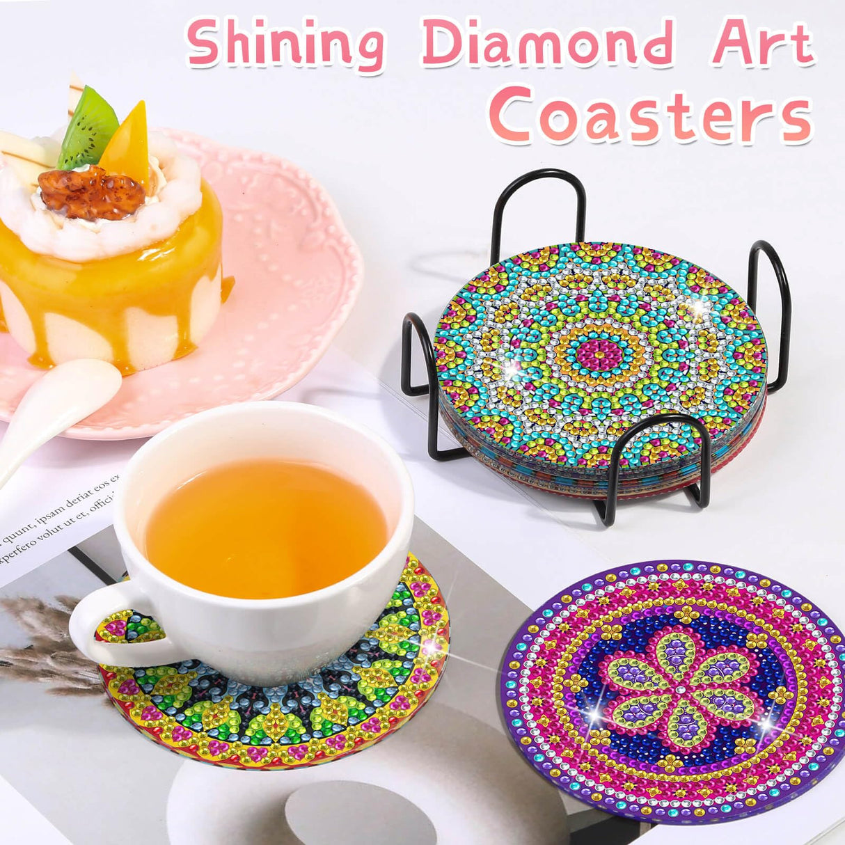 Billbotk Diamond Painting Coasters Kit, 8 Pieces Mandala Diamond Art Coasters with Holder, DIY Diamond Mandala Coasters for Beginners Billbotk