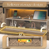 HMYFGD Farmhouse Queen Size Bed Frame with Storage Bookcase Headboard, Wooden Bed with LED Lights, Charging Station, 2 Drawers, Rustic Bed Frame with Sliding Barn Door for Bedroom (Grey Oak, Queen) HMYFGD