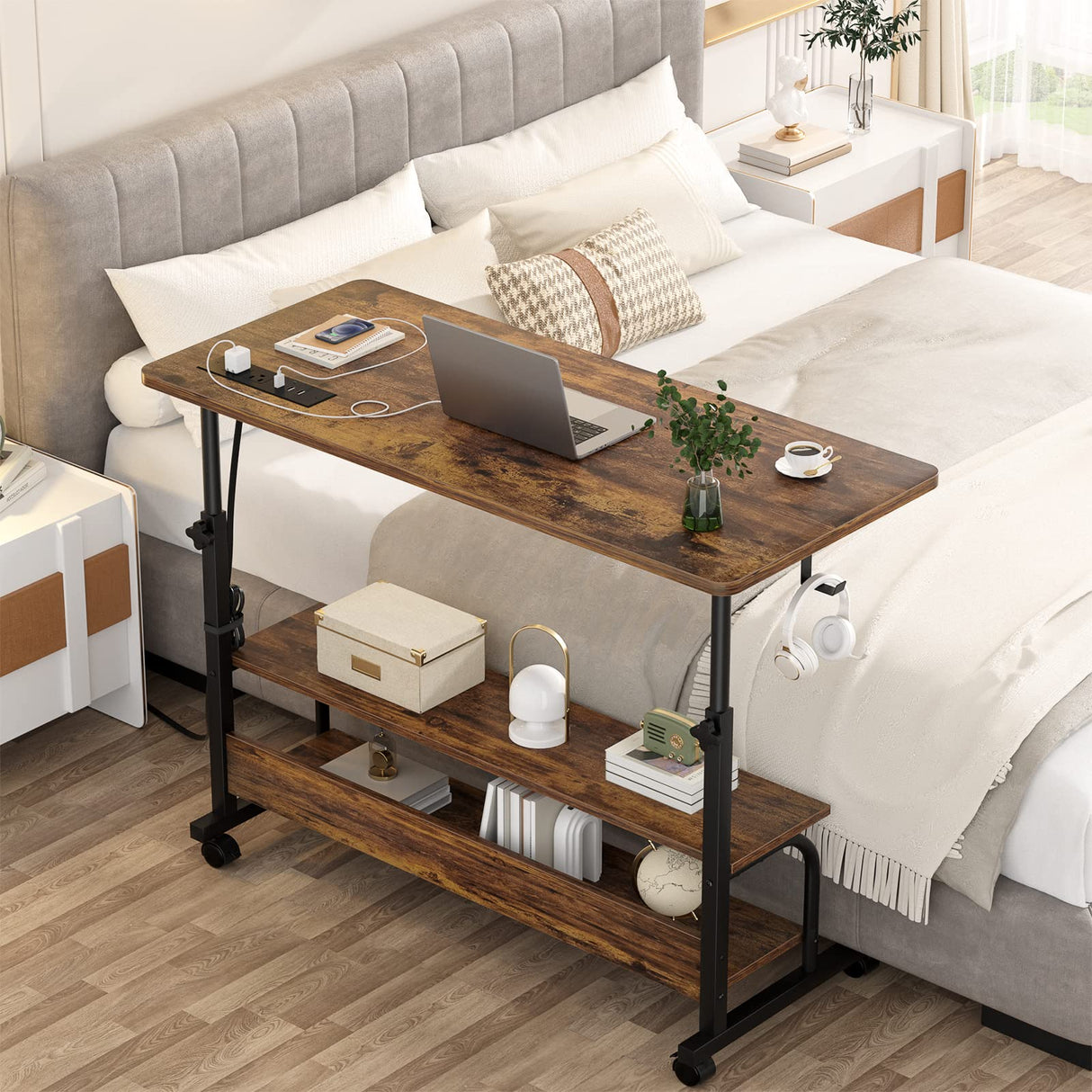 Height Adjustable Standing Desk with Power Outlets, 39" Manual Stand Up Desk with Storage Shelves Small Mobile Rolling Computer Desk Portable Laptop Table with Wheels for Home Office, Rustic armocity