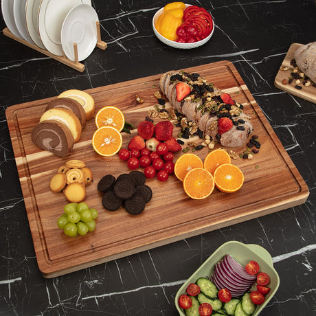 24 x 18 Inch Large Acacia Wood Cutting Board, Reversible Wooden Butcher Block Cutting Board with Juice Groove, Carving Board for Meat, Turkey, Fashionwu