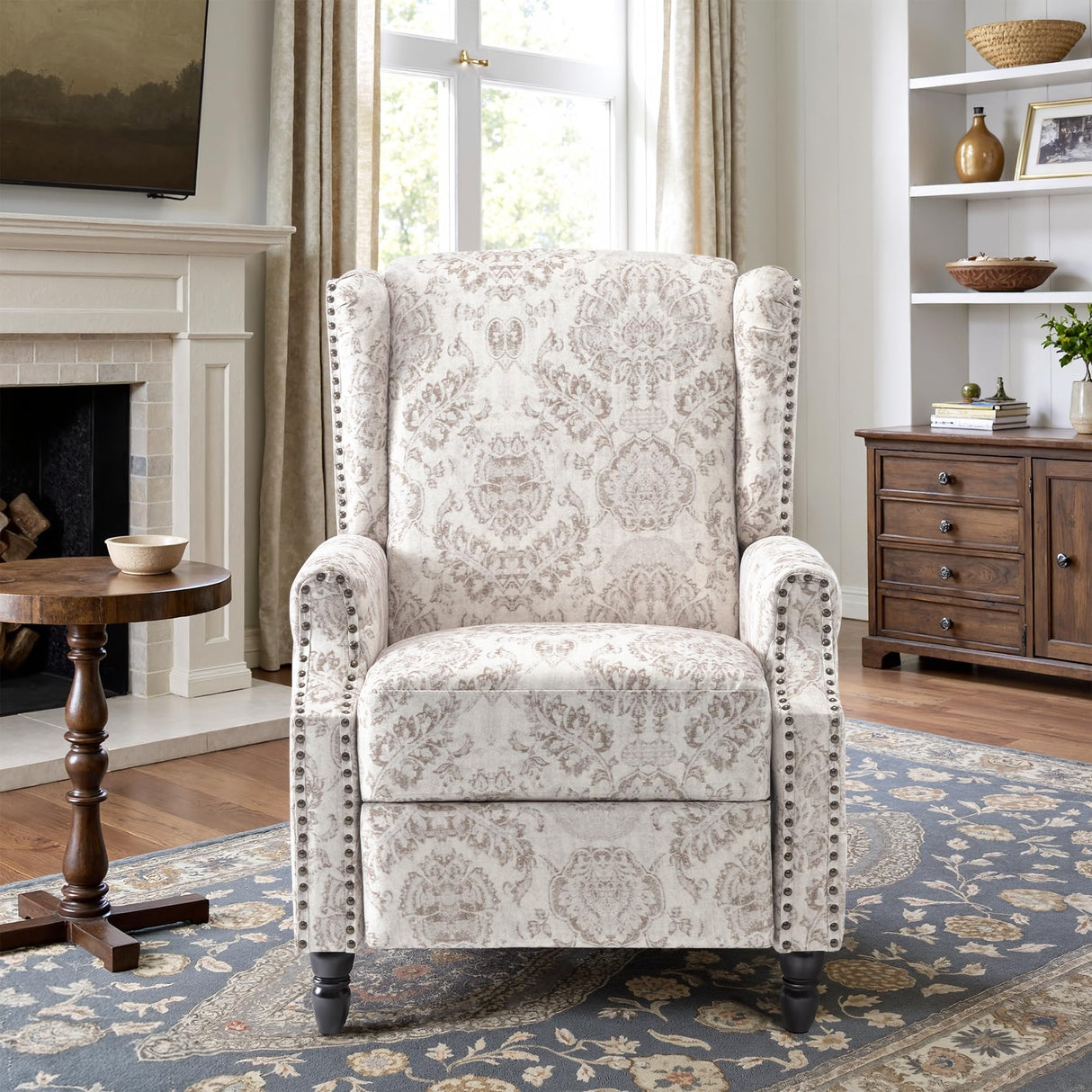 Recliner Chair, Upholstered Wingback Floral Pushback Armchair with Adjustable Backrest & Footrest, Comfy Accent Chair Reading Single Sofa for Small Spaces, Living Room, Bedroom (Beige, Set of 1) DREAMSIDEA