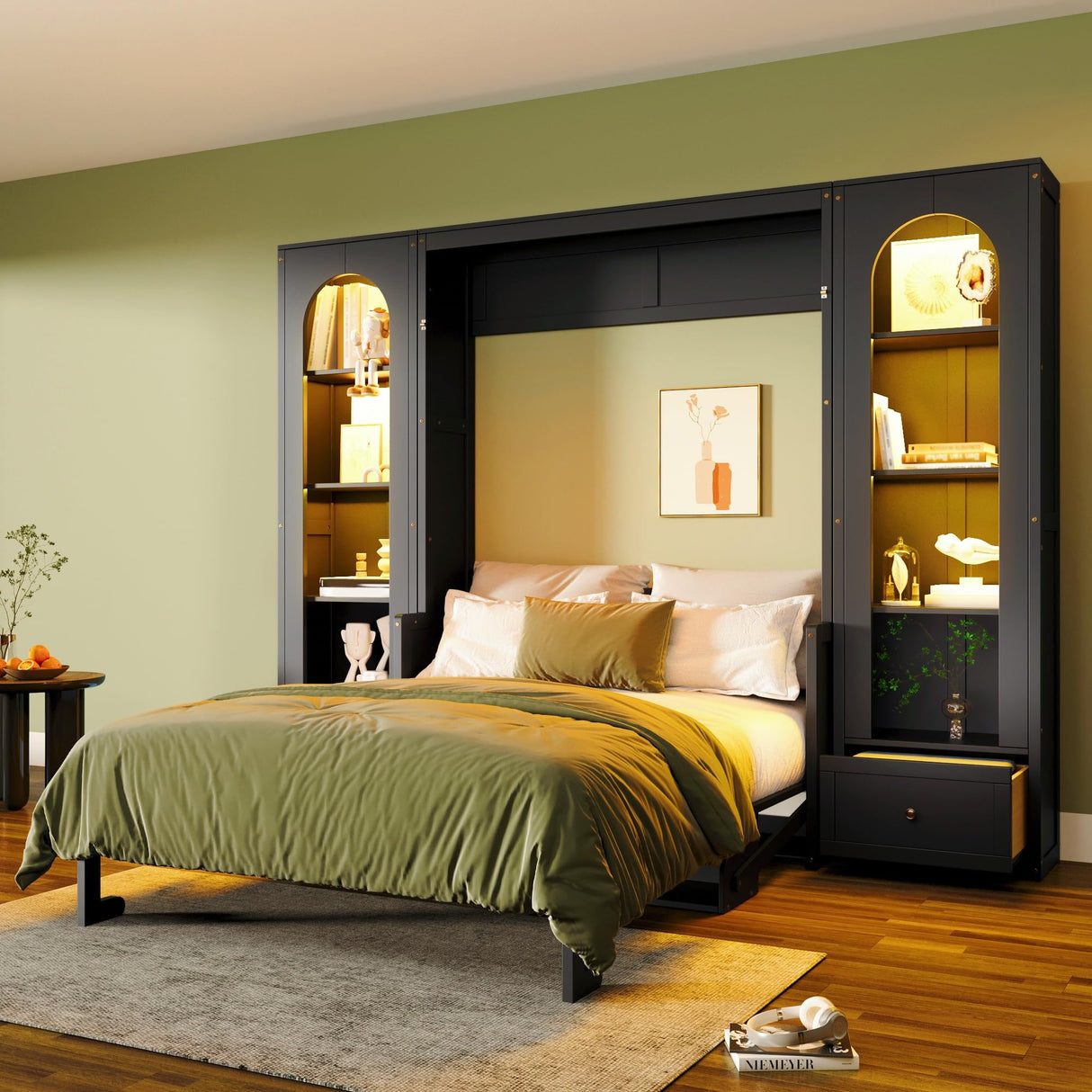 Queen Size Murphy Platform Bed with Shelf, Side Cabinets, Drawers and LED,for Small Spaces Studio Study Office Guest Room Use (Black/LED, Queen) Brabrety