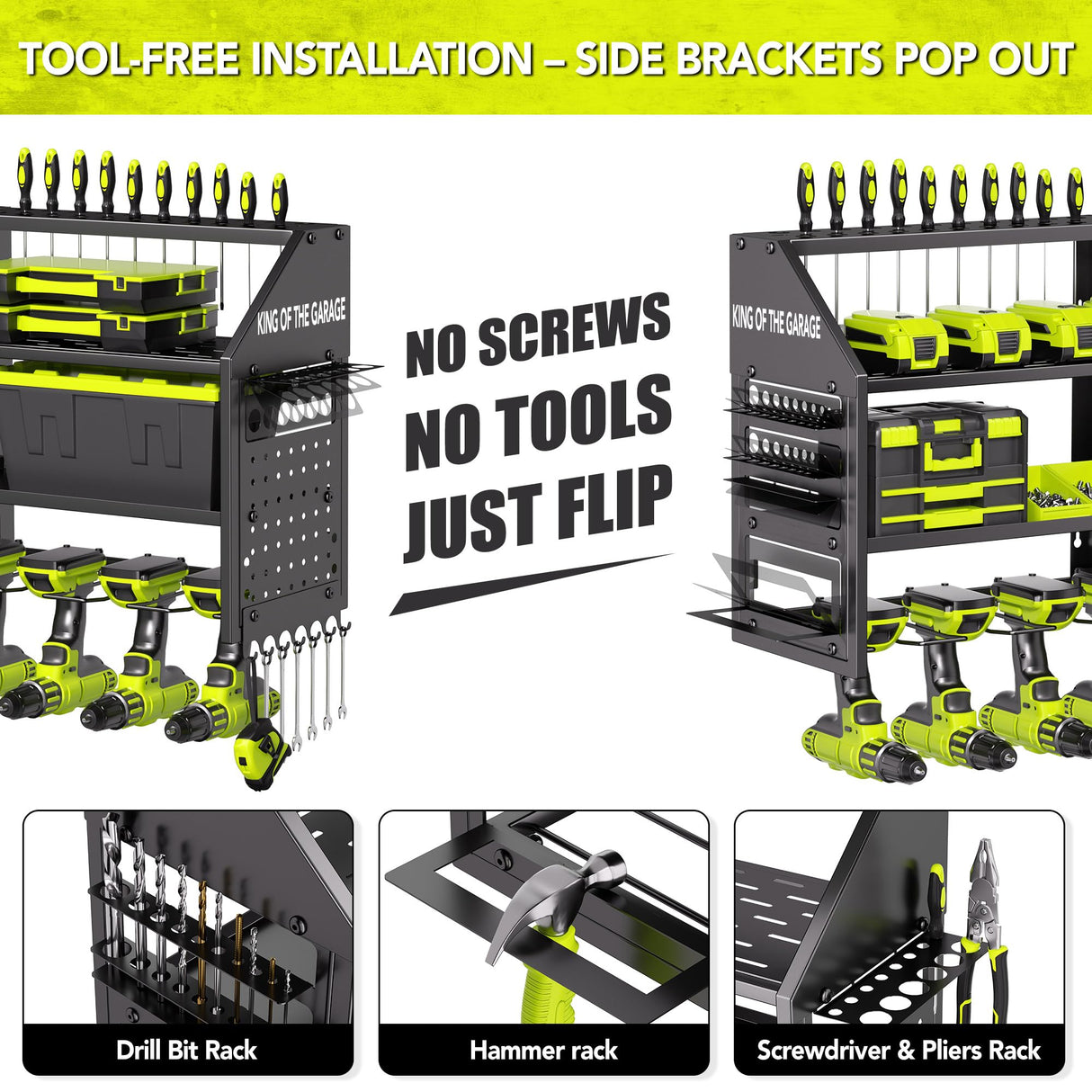 YFFSRJDJ Power Tool Organizer Wall Mount with Charging Station – King of the Garage, 4 Drill Holders, Heavy Duty Cordless Tool Rack with 4-Outlet Power Strip, Gifts for Him, Birthday Gifts for Men YFFSRJDJ