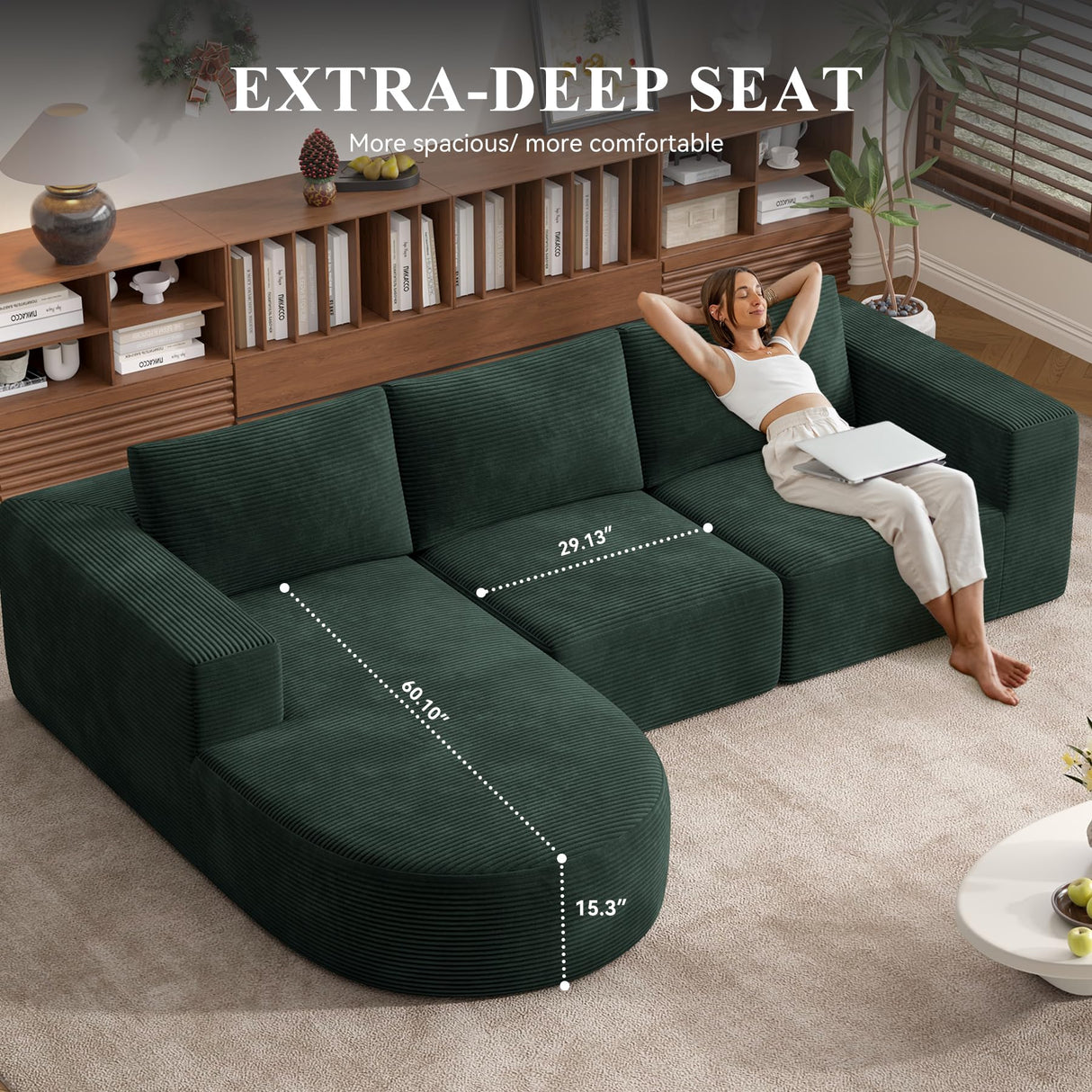Modular Sectional Sofa with L-Shape Chaise,Cloud Sectional Modern Sleeper Couch with Deep Seat,Sponge Compression Sofas No Assembly Required (Green-Corduroy Fabric) 1PCS Luxanimarion