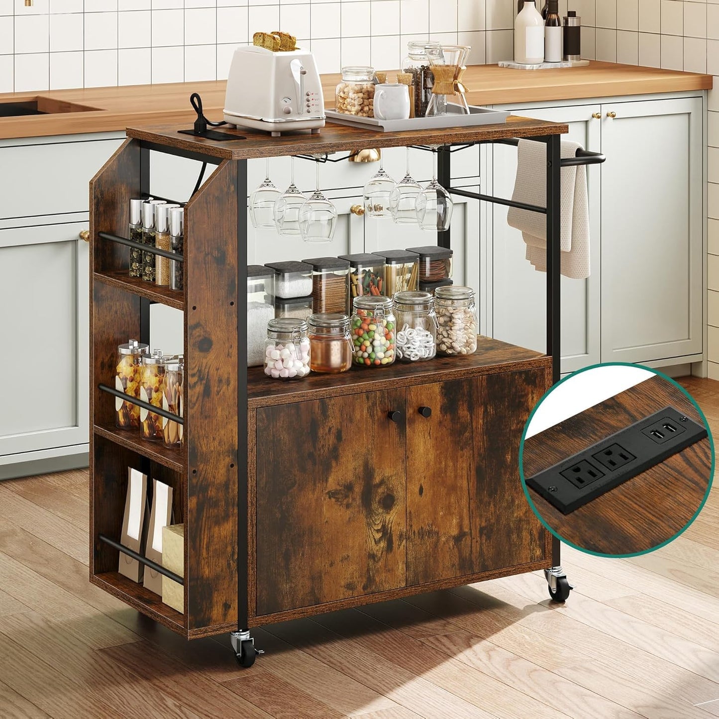 YITAHOME Mobile Kitchen Island Cart with Power Outlet, 33 Inch Rolling Kitchen Cart with Storage, Small Serving Utility Carts on Wheels with Open Shelves for Kitchen, Dining Room, Rustic Brown