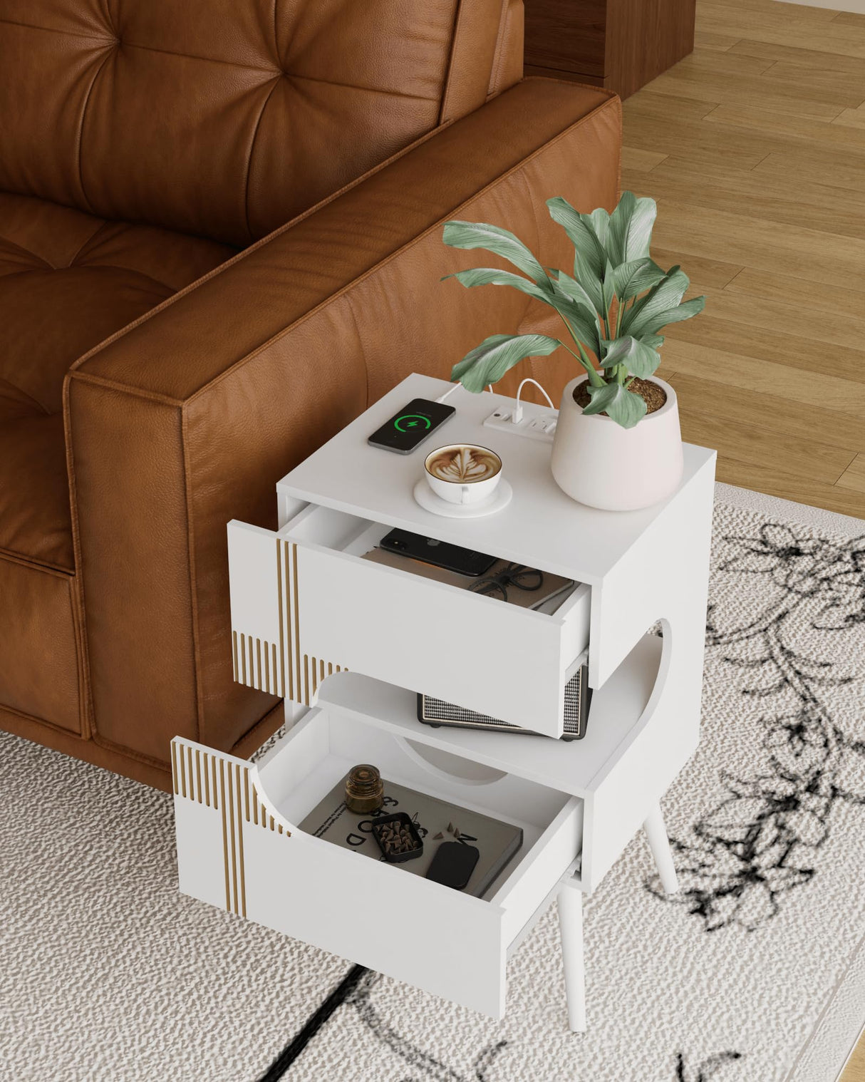 JOONEE White Nightstand with Charging Station and LED Lights,Modern Bedside Table with 2 Storage Drawer,Night Stand with Solid Wood Legs,White (White-2) JOONEE