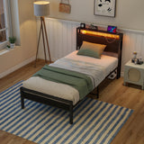 HOJINLINERO Twin Bed Frame with Storage Headboard/LED Lights,Metal Bed Frame Twin Size with Charging Station,Twin Platform Bed Frame No Box Spring Needed,Beds Base,Heavy Duty Metal Slats Support,Black HOJINLINERO
