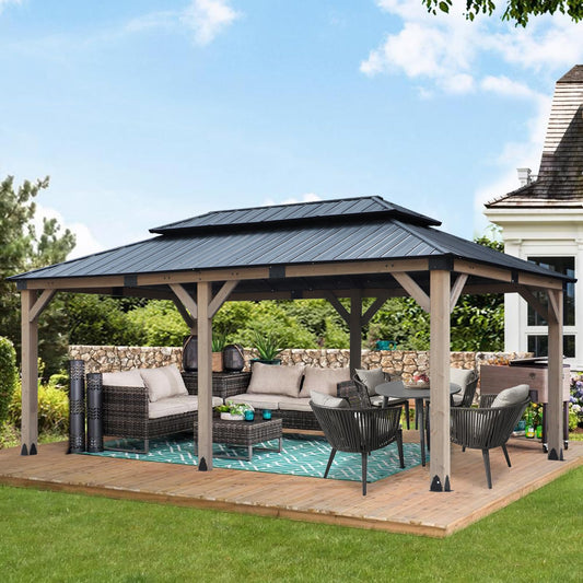 CHARMELEON 12'x20' Cedar Wood Gazebo Hardtop - Wooden Gazebo with Dual Metal Roof - Permanent Outdoor Gazebo Canopy - Large All Weather Patio Gazebo for Backyard, Deck & Garden - Greyish Brow - WoodArtSupply