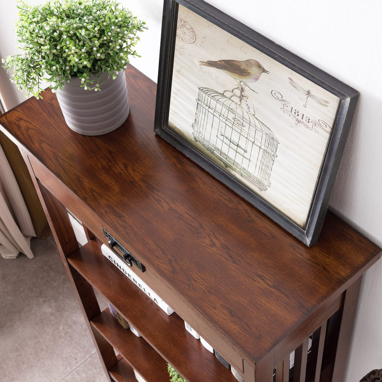 Leick Home 82262 Mission Mantel Height Bookcase with Slatted Sides and Top Drawer, Made with Solid Wood, for Living Rooms, Mission Oak Finish, Brownbronze Leick Home