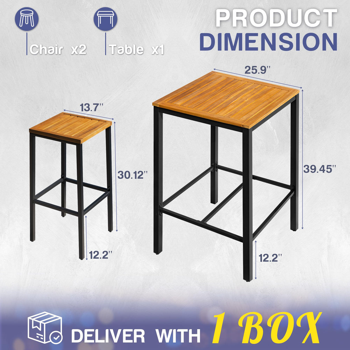 Greesum 3 Piece Patio Acacia Wood Bar Set with high Table and 2 Chairs All-Weather Outdoor Furniture for Backyard, Deck, Garden, Porch,Black Greesum