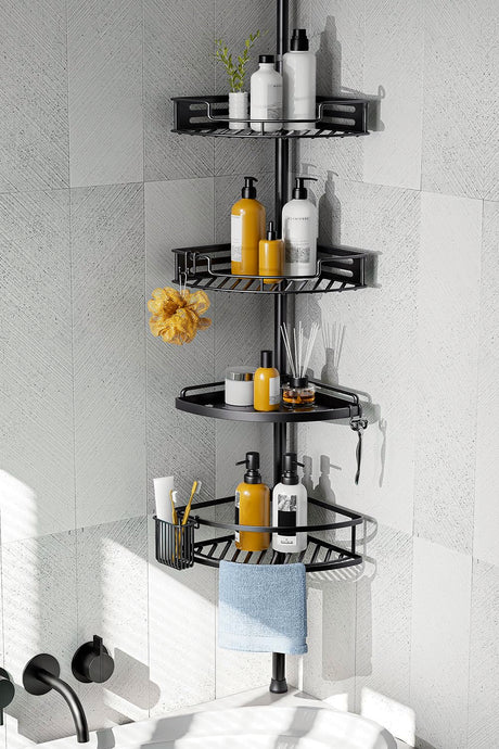 HAMITOR Corner Shower Caddy Tension Pole: Quick Installation 4-Tier Rustproof Bathroom Organizer Shelves for Bathtub Shampoo Storage - 47-121 inch Adjustable Floor Standing Bath Rack Holder - Black HAMITOR