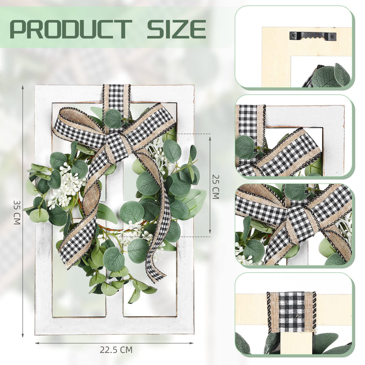 2 Pieces Farmhouse Wall Decor Wood Window Frame with Eucalyptus Wreath Rustic Farmhouse Decor Living Room Farmhouse Wall Art Plaid Bow Wood Window Decor Wooden Wall Pediments, 13. 8 x 8.9 Inch, White Namalu