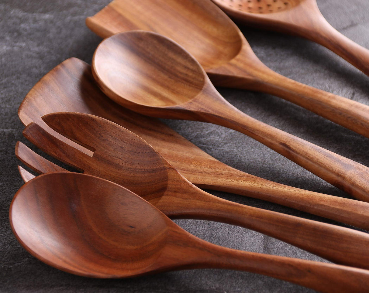 NAYAHOSE Wooden Spoons for Cooking, 6 Pcs Wooden Utensils for Cooking, Natural Teak Wood Non-Stick Cooking Spoons, Wood Utensils Set for Kitchen NAYAHOSE