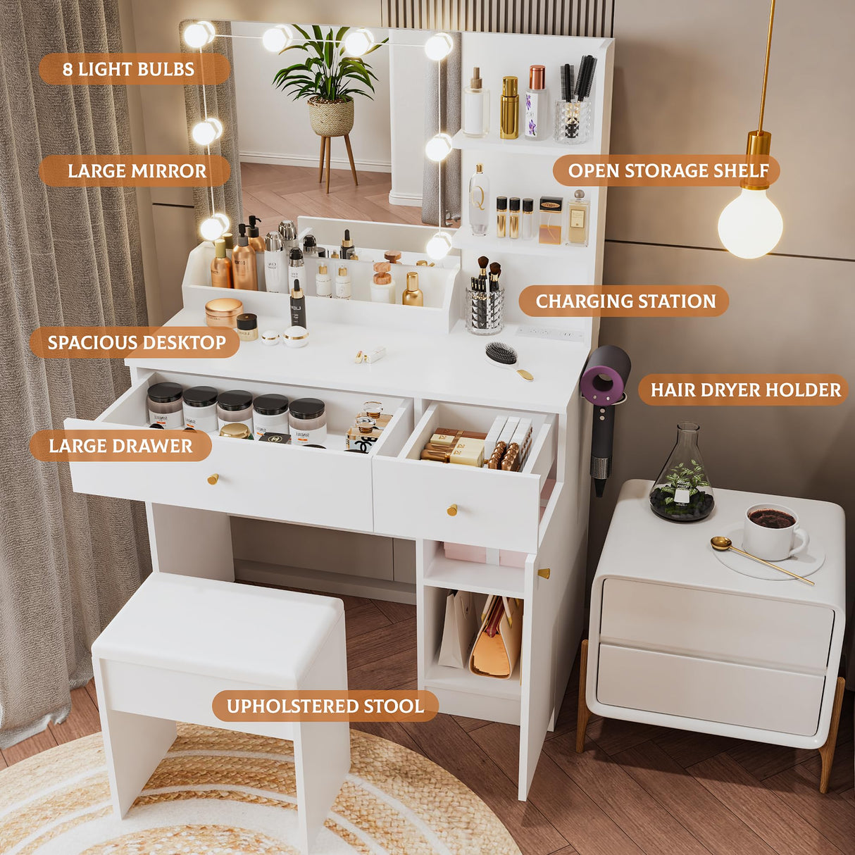 Yegosh Vanity Desk with Mirror and Lights Dimmable LED Makeup Vanity Table with Drawers Side Cabinet 3 Storage Shelves Power Outlet Dressing Table Set include Holder Cushioned Stool for Bedroom(white) Yegosh