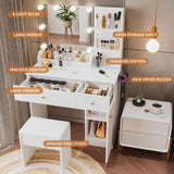 Yegosh Vanity Desk with Mirror and Lights Dimmable LED Makeup Vanity Table with Drawers Side Cabinet 3 Storage Shelves Power Outlet Dressing Table Set include Holder Cushioned Stool for Bedroom(white) Yegosh