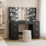 YESHOMY Vanity Desk with Mirror, Power Outlet and 10 Lights, Makeup Table with 7 Drawers, 3 Color Modes Available for Bedroom, Dark Black YESHOMY