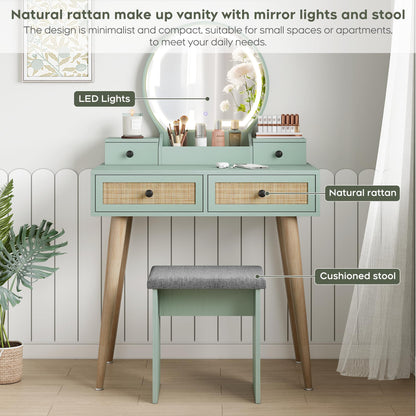 Yechen 30" Vintage Makeup Vanity Table Set with 2 Natural Rattan Drawers, Boho Makeup Vanity with 3 Modes Adjustable Lighted Mirror and Stool, Compact Dressing Table with Steel Legs for Small Space