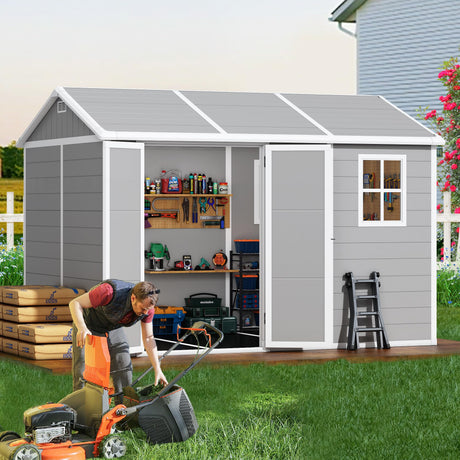 10x8 FT Resin Outdoor Storage Shed with Floor, Weather-Resistant Plastic Garden Shed with Windows, Lockable Door and Vents, Outside Tool Storage Sheds for Backyard, Garden, Lawn, Grey Pipleo
