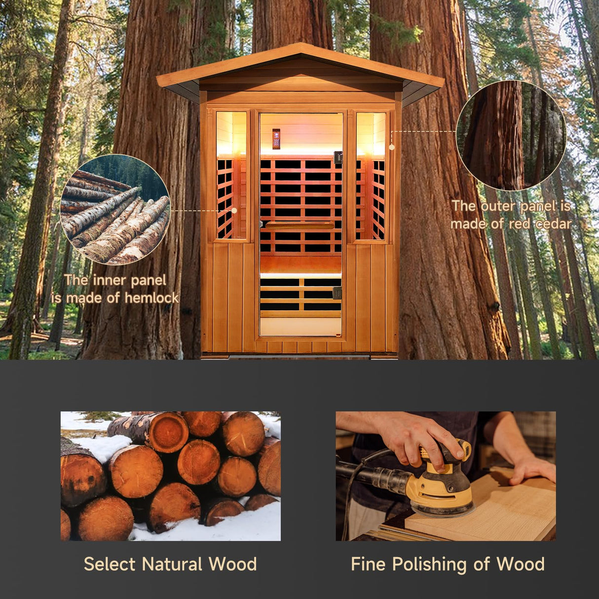 Outdoor Sauna 2 Person 1800W/110V Low EMF Dry Sauna Infrared Sauna for Home Inner Board Hemlock Wood/Outer Board Red Cedar, 8 Heating Panels with LCD Control Panel/Speaker and Tempered Glass Door HOSAUNA