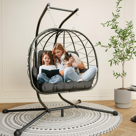Pamapic Double Egg Chair wth Stand, 700 LBS Loveseat Rattan Swing Chair, UV Resistant Cushions with Armrests and Headrest, Thick Steel Frame Hammock Swing for Outdoor, Patio, Indoor(Grey) Pamapic