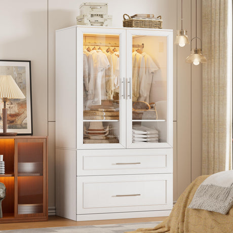 71" Tall Farmhouse 2 Doors Armoire Wardrobe Closet with 2 Drawers and LED, Wooden Armoire Storage Cabinet, Freestanding Closet Wardrobe Cabinet for Bedroom with Hanging Rod, Adjustable shelve(White) SDMY