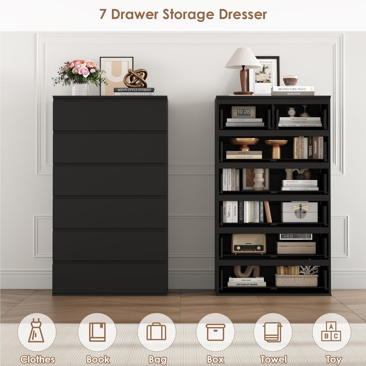 FOTOSOK 7 Drawer Dresser, Black Dresser Tall Dresser, 23.6W x 15.7D x 46.7H in Black Chest of Drawers with Large Storage Space for Home FOTOSOK