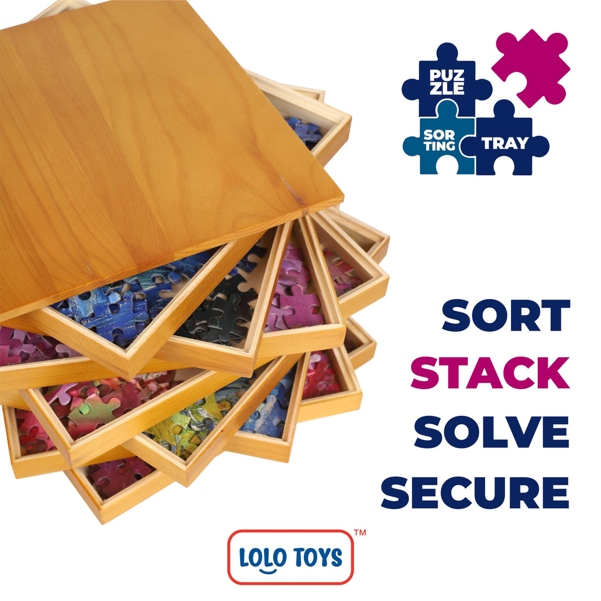 Premium Wooden Puzzle Sorting Trays Stackable – 8 x 8 Inch, Stackable Jigsaw Puzzle Organizer for Sorting up to 1500 Pieces – Durable Puzzle Piece Sorter Trays LOLO TOYS