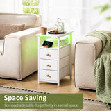 Yoobure End Table with Charging Station, LED Narrow Side Table Bedside Table, Small Night Stand End Tables Living Room, Skinny Nightstand with 3 Fabric Drawers, Side Tables Bedroom for Small Spaces Yoobure