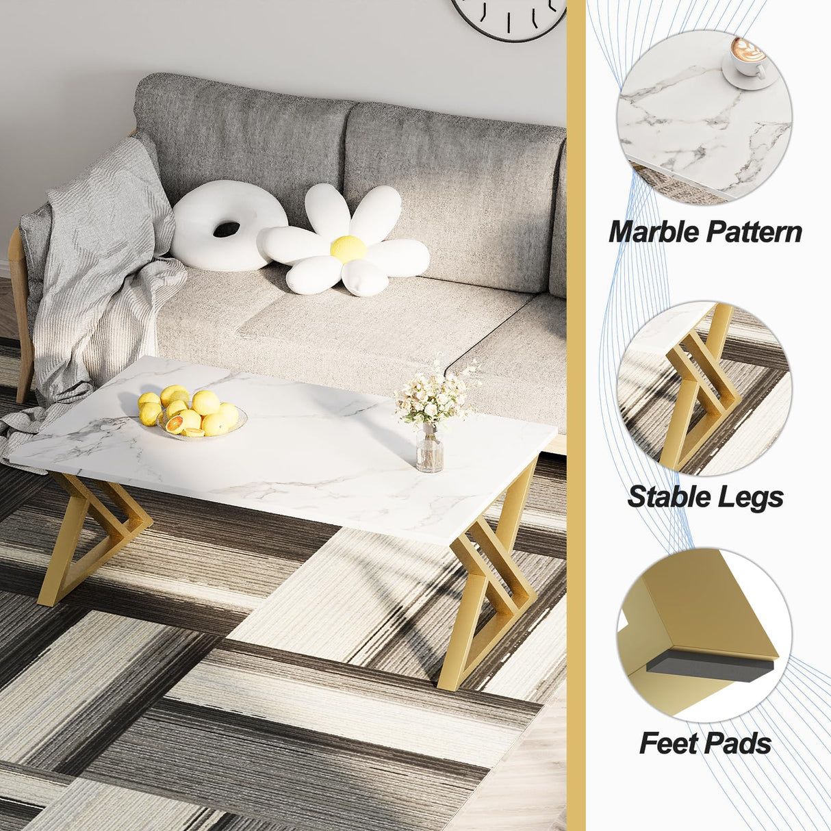 Wolawu Coffee Table Living Room Table White Center Table, Simple Modern Faux Marble Rectangular Tea Tables with Sturdy Gold Metal Frame,Industrial Wooden Coffee Table for Bedroom Home Office Wolawu