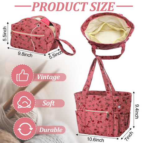 2 Pcs Crochet Bag and Tote Set Corduroy Yarn Holder Crochet Tote Bag for Hooks Vintage Flowers Organizer Yarn Holder for Ideal Mother's Day Gift Knitting Lovers Accessories Bulyoou
