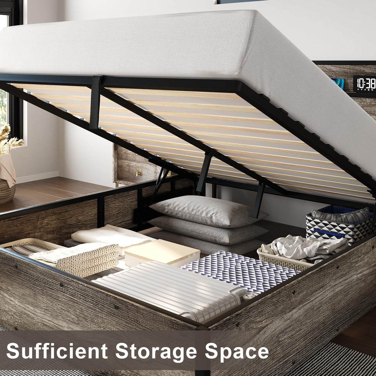 AMERLIFE King Size Lift Up Storage Bed Frame, Wooden Platform Bed Frame with Lifting Storage & Charging Station, No Spring Box Needed/Noise Free, Rustic Grey AMERLIFE