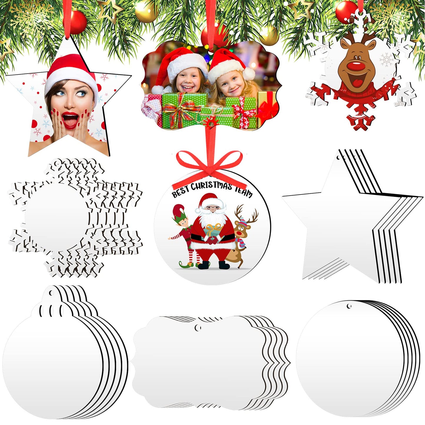 30 Pieces Sublimation Ornament Blank Sublimation Double Sided Blanks Christmas Ornament Blank Personalized Sublimation Blank Pendants DIY Sublimation Pendant Blank with Red Ribbon (Snowflake Style)