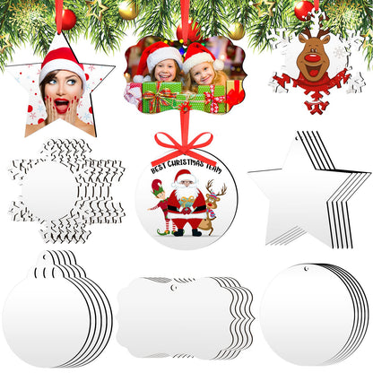 30 Pieces Sublimation Ornament Blank Sublimation Double Sided Blanks Christmas Ornament Blank Personalized Sublimation Blank Pendants DIY Sublimation Pendant Blank with Red Ribbon (Snowflake Style)