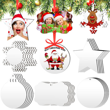 30 Pieces Sublimation Ornament Blank Sublimation Double Sided Blanks Christmas Ornament Blank Personalized Sublimation Blank Pendants DIY Sublimation Pendant Blank with Red Ribbon (Snowflake Style) Blulu