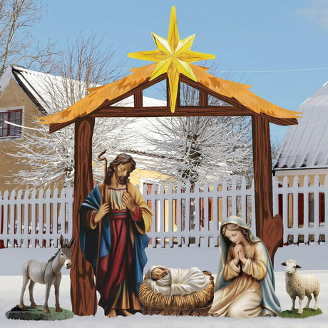 Kigley 6 Pcs Christmas Outdoor Nativity Set 6.7ft Large Manger Christmas Yard Signs Nativity Outdoor Christmas Decorations Religious Holy Jesus Birth Manger Scene Supplies with Stake for Xmas Lawn Kigley