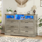 DICTAC Farmhouse 6 Drawers Dresser with Charging Station, LED Dresser with 2 Sliding Doors, Wood Wide Chest of Drawers, Storage Dressers Organizer for Bedroom, Living Room, Rustic Oak DICTAC