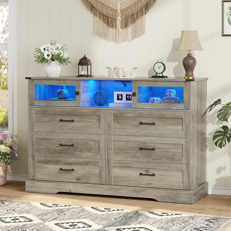 DICTAC Farmhouse 6 Drawers Dresser with Charging Station, LED Dresser with 2 Sliding Doors, Wood Wide Chest of Drawers, Storage Dressers Organizer for Bedroom, Living Room, Rustic Oak DICTAC